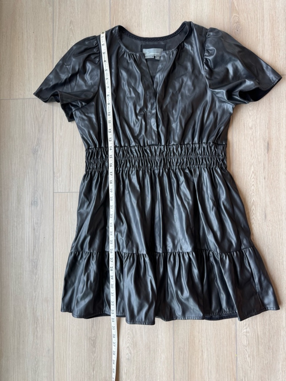 Anthropologie Somerset Vegan Leather Mini Dress Black Smocked Tiered Sz  LP EUC - Picture 15 of 16